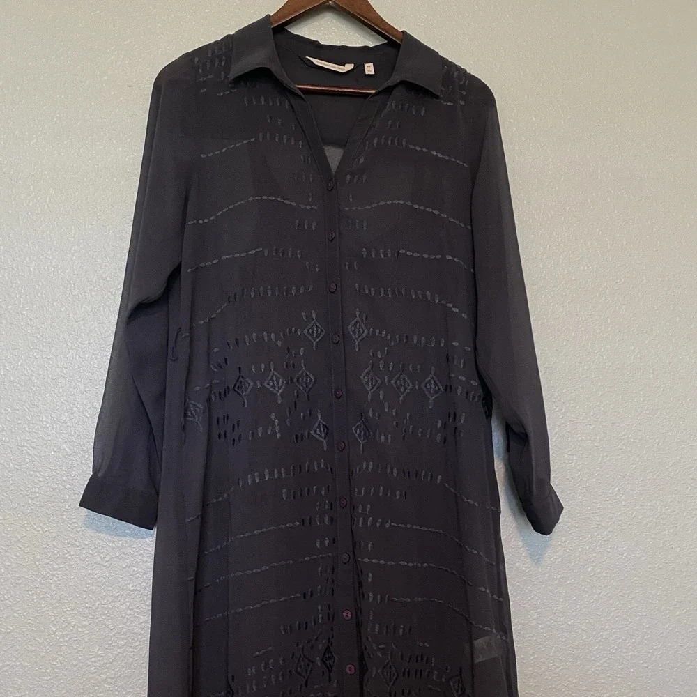 Soft Surroundings Ibiza maxi dress‎ Sz XS Slate Gray Embroidered Sheer Boho Chic